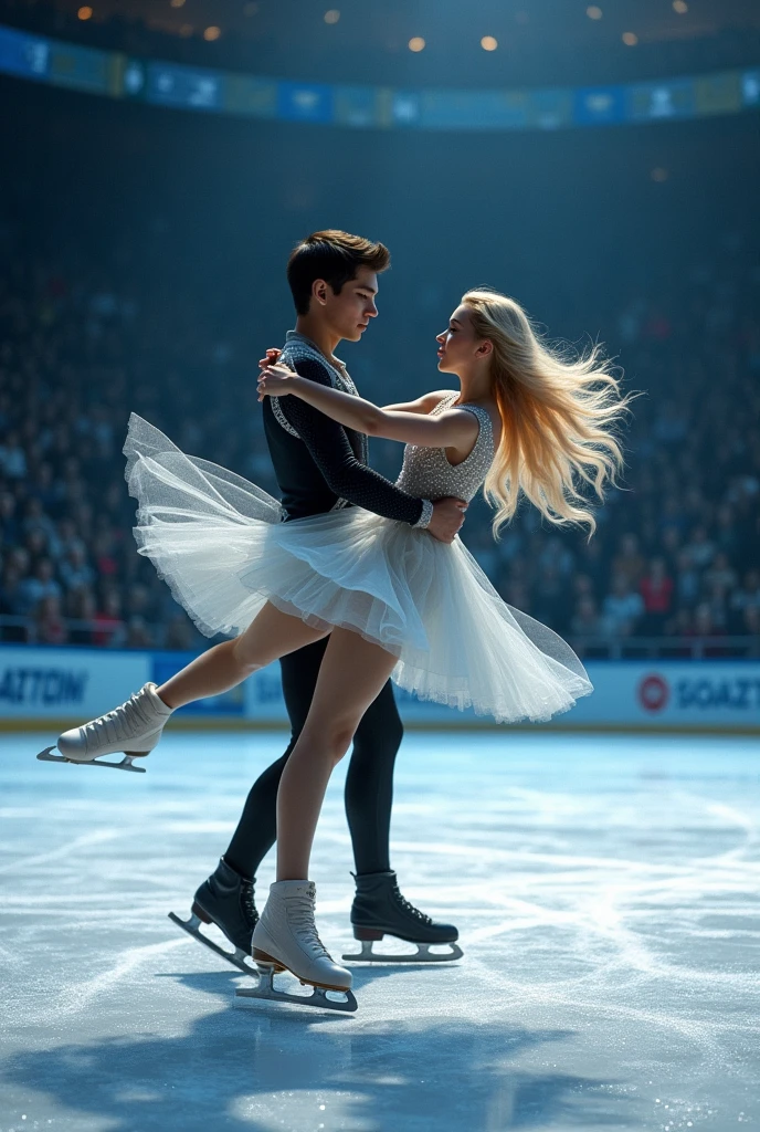 Generate an image of a pair of ice skaters, a blonde girl with long hair and a boy with black hair. create 5 images
