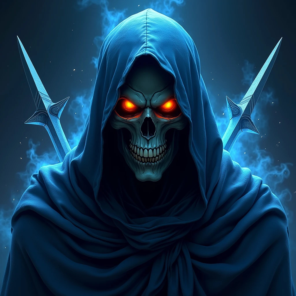 ANIME ((Logo e-sport niji art-style)) Portrait highly detailed dark fantasy illustration of a close-up face menacing skull shrouded in a tattered, dark blue hooded cloak, glowing orange eyes, sinister grin with sharp teeth, cloak made of mystical, flowing energy, ghostly, ethereal look, deep, dark space background with splashes of blue and white, two curved, sharp mini-Daggers blades partially visible Pointing to the ends, emerging from beneath the cloak, powerful, ominous atmosphere with intricate detailing and vibrant highlights, (best quality,4k,8k,highres,masterpiece:1.2),ultra-detailed,(semi-realistic:1.37),HDR,UHD,studio lighting,ultra-fine painting,sharp focus,physically-based rendering,extreme detail description,professional,vivid colors,bokeh,dark fantasy,horror,concept art ((more detail, enhanced, poakl))