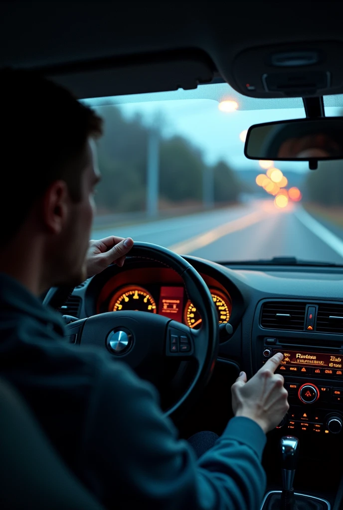 the driver turns up the music volume