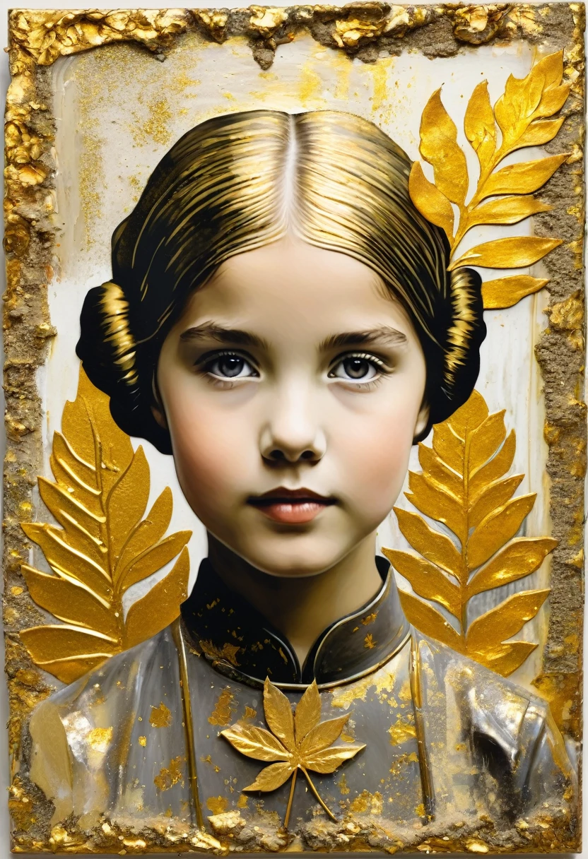 Create an image of a schoolmarm in several different media (for example: gold leaf, sand, and encaustic paint.)