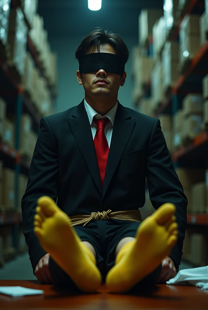 Malaysia malay handsome 23 years celebrity
His hand tied up behind with rope in warehouse
Blindfolded
Black Suit and Red tie
feet on desk
5 toes each feet
Yellow smelly sock
He's feet ticklish
Two mafia pinch thier nose