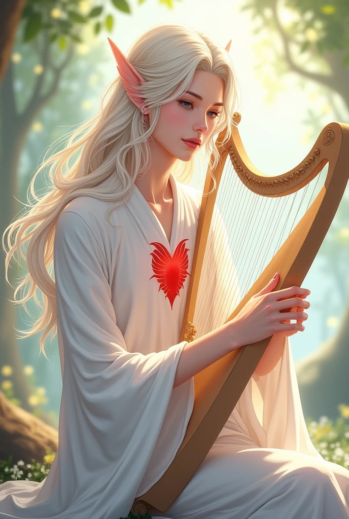 a young elven man with delicate features and shoulder-length fair hair wearing white robes with a winged red heart symbol on his chest, playing the harp anime style
