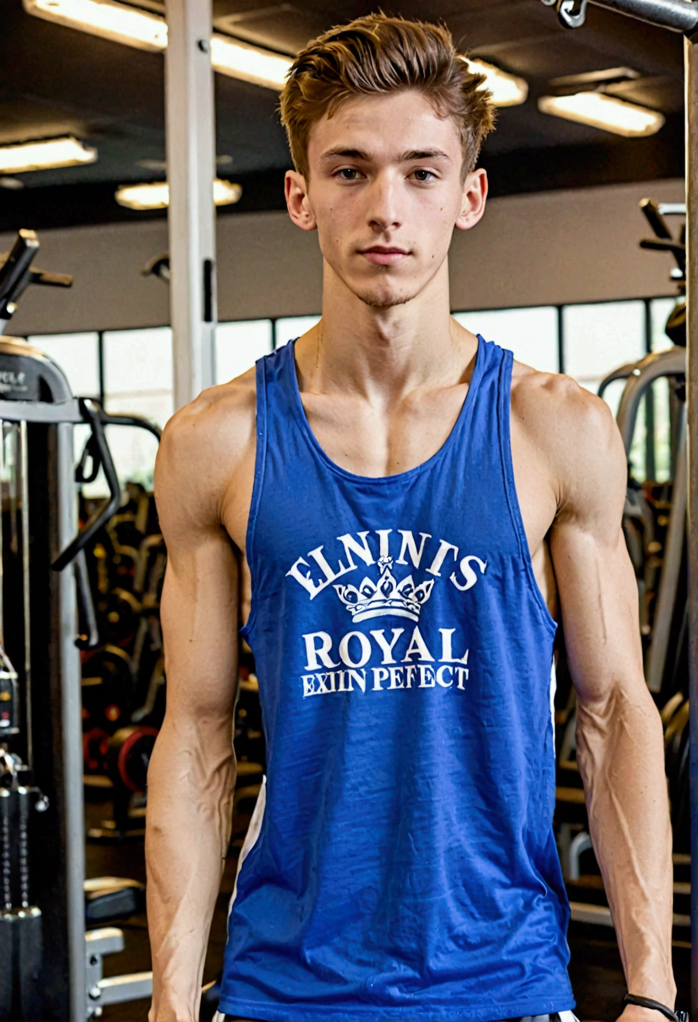 Young 20 year old skinny man wearing tank top in gym