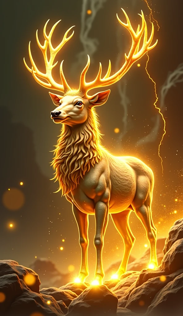 牡鹿,Fantastic Fantasy,Glowing in gold,Moody Color,Golden glitter background，稲妻⚡️，Realistic golden deer