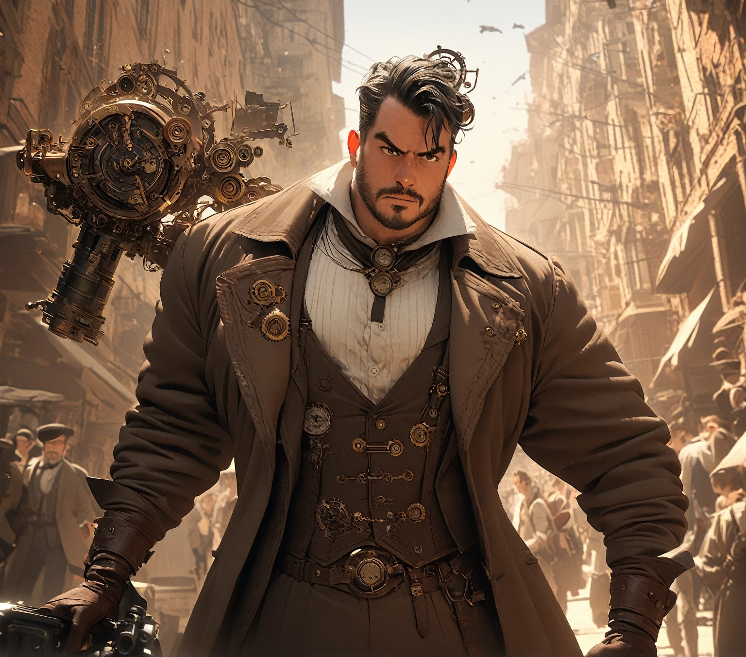 1 man,Cartoon,The Bible shines in the sky,steampunk style,Super fine,8K,Superb mechanical depictions,Overclocked renderer,Super real photos,dynamic angle,dynamic pose,