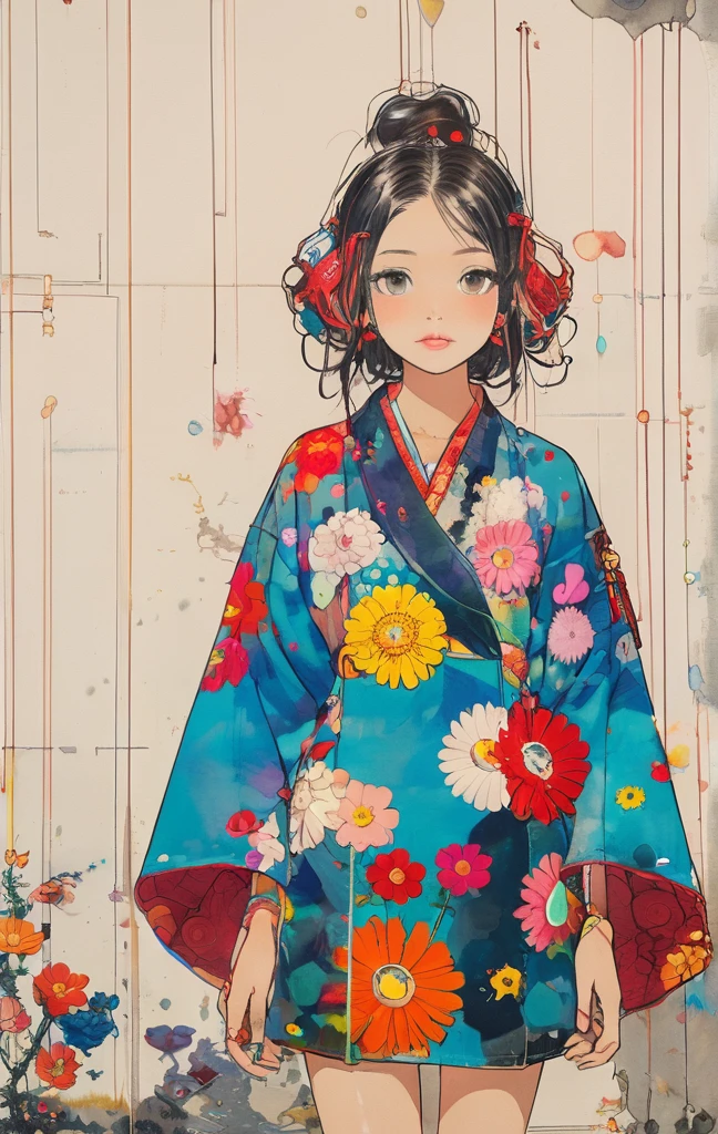 Takashi Murakami style、The most beautiful girl of all time、Lips in Love、Colorful flowers、Simple line initials、Abstract art、Urban Background,