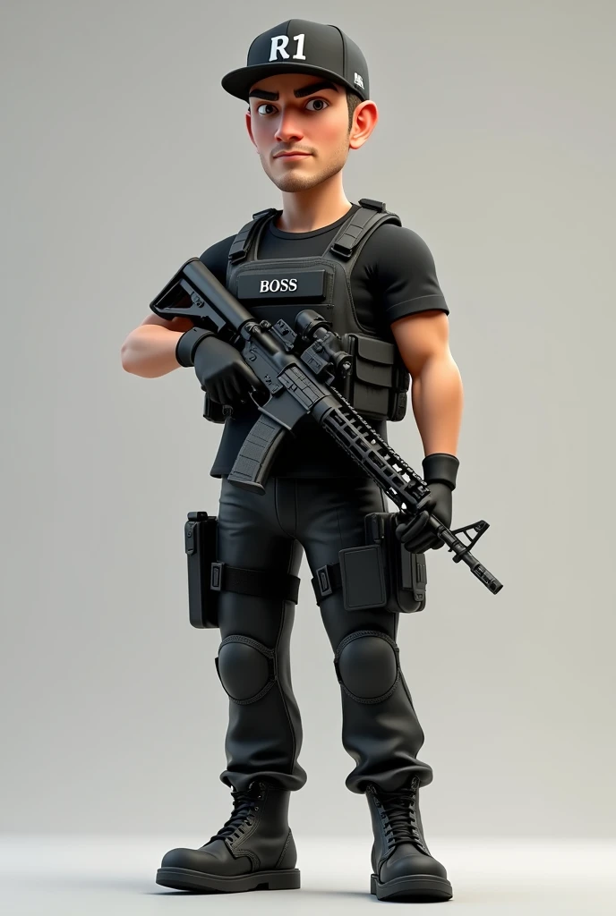 White male animated character with bulletproof vest that says FM, an AR15, black cap that says R1, black Hugo boss t-shirt, black pants and tactical boots 