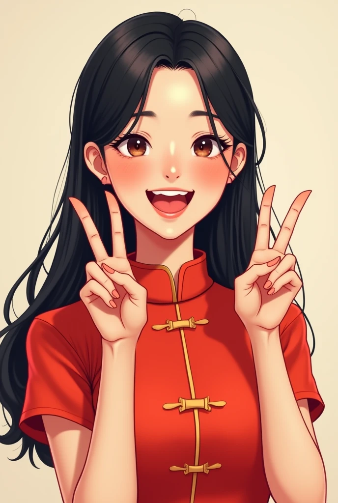 I need a Chinese woman laughing and making the number 2 on her finger symbolizing peace and love
