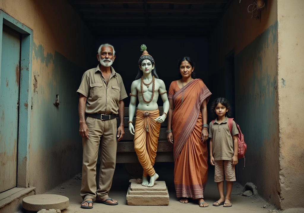 "A YouTube thumbnail image depicting a poor 4 rickshaw puller who is a devoted Krishna follower. He is wearing an old, worn-out shirt and pants. His wife stands next to him, dressed in an old, dirty saree. Their daughter, ready for school, stands beside them with a school bag on her shoulder. In the middle of this family scene, a statue of Krishna is placed prominently, symbolizing their devotion. The family is standing inside their old, dilapidated house, with signs of wear and tear, and the Krishna statue serving as the focal point among them. The image is designed with a resolution of 1280x720 pixels, perfect for a YouTube thumbnail."