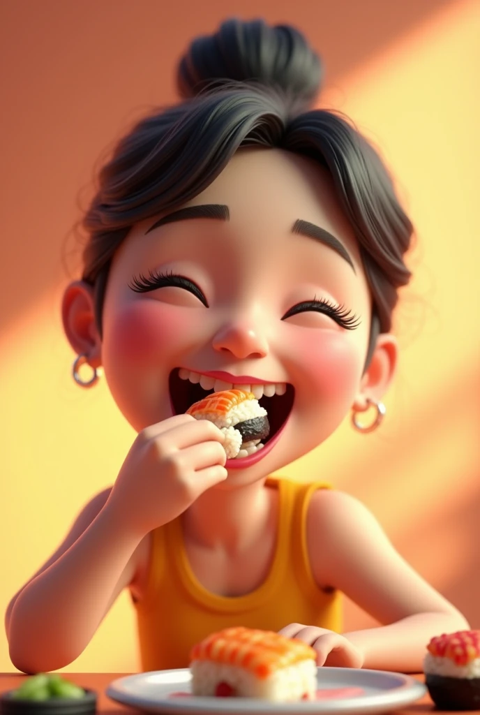 Emoji emotion 3D Pixar female eating sushi 