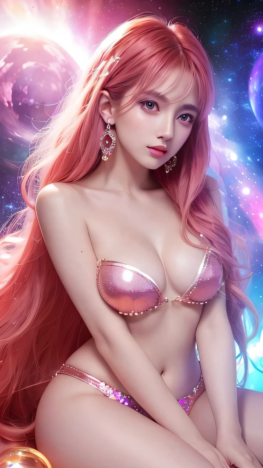 4K Ultra HD, masterpiece, A girl with a magical aura, Nice face, Long Hair, Shiny Hair, Detailed eyes, Glossy Lips, Wearing a red Tata costume, Aura around the body, Magical Effects, Spreading white light, Cosmic elements and ethereal atmosphere, A mix of bright lights and colorful nebulae, Space Background, Sitting, Full Body Capture.