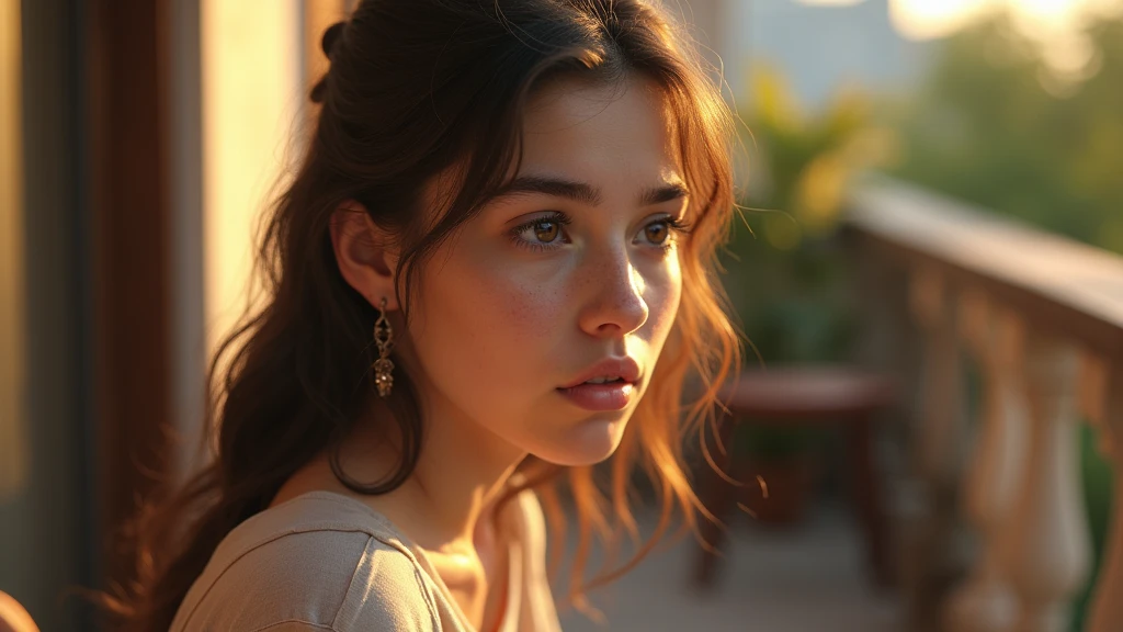 Ultra-realistic portrait of a 1 Western teenage girl, with brown hair and expressive eyes that reflect worry and hesitation. Her face shows signs of introspection. She is wearing a casual blouse. She must be looking at the camera. The portrait should be from the waist up.
The teenage girl is sitting on a balcony, with elements such as plants and a chair in the background, but blurred so as not to distract from the main subject.
The lighting should be soft and natural, with late afternoon light coming from one side, creating subtle shadows that accentuate the teenager's introspective expression. The light should highlight the eyes and the texture of the skin, emphasizing the seriousness of the situation.
The image should convey a sense of introspection and concern, with a touch of vulnerability. Suggest a warm color palette, such as golds and oranges, to complement the late afternoon atmosphere.
The photo should be of high quality, with 8k rendering and extreme detail, capturing the emotional essence of the moment.