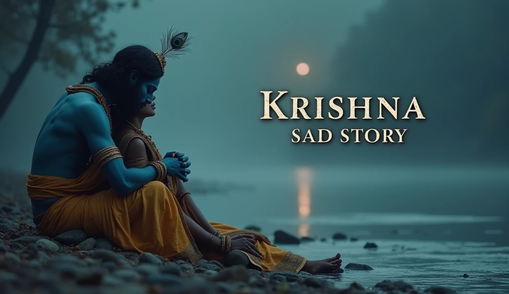 Design a powerful and emotional thumbnail for a "Krishna Sad Story" video in a realistic style. The image should depict Lord Krishna with a sorrowful expression, his blue skin slightly dimmed to reflect his sadness. He should be wearing his usual yellow dhoti and a crown adorned with peacock feathers. Radha should be shown beside him, also with a melancholic expression, dressed in her traditional attire. The background could be a dimly lit, serene setting in Vrindavan, perhaps by the riverbank, with soft, muted colors to emphasize the somber mood. The title "Krishna Sad Story" should be prominently displayed in bold, elegant text at the top or bottom of the image, with a slightly distressed or shadowed font to match the emotional tone. The overall color palette should be subdued, with deep blues, grays, and muted golds to convey the depth of emotion in the story.