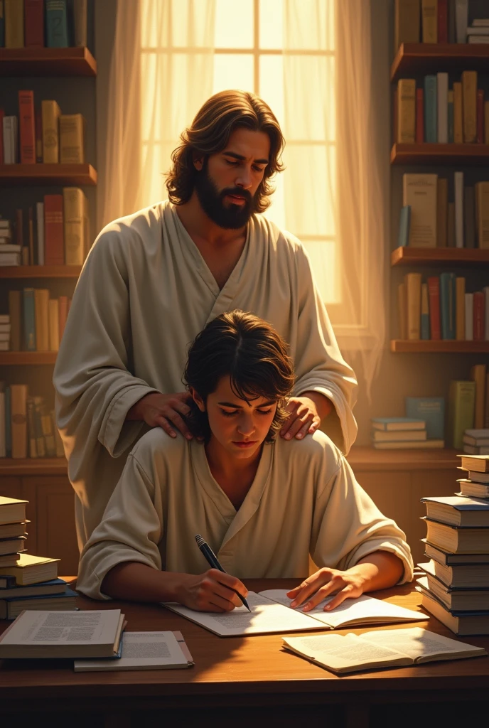 Visualize a student sitting at a desk, deep in thought, surrounded by books and study materials. Jesus stands behind the student, His hands resting on the student’s shoulders, and a calm, divine light fills the room, symbolizing wisdom and strength granted in moments of challenge.