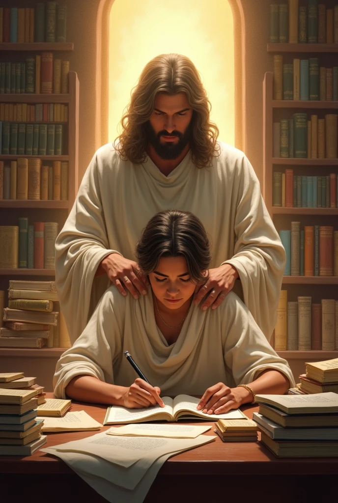 Visualize a student sitting at a desk, deep in thought, surrounded by books and study materials. Jesus stands behind the student, His hands resting on the student’s shoulders, and a calm, divine light fills the room, symbolizing wisdom and strength granted in moments of challenge.