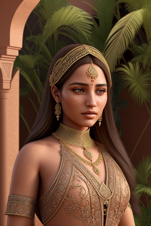 A beautiful detailed girl in a lush Moroccan Marrakech garden, ornate carved architecture, terracotta tiles, intricate patterns, vibrant colors, warm sunlight, (best quality,4k,8k,highres,masterpiece:1.2),ultra-detailed,(realistic,photorealistic,photo-realistic:1.37),cinematic lighting,intricate details,moody atmosphere,highly detailed face and eyes,ornate jewelry,flowing dress,serene expression