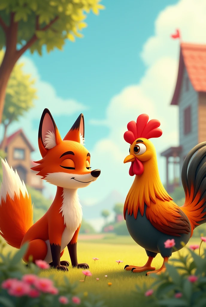 Animated image of a fox talking to a rooster and it has both eyes closed. The rooster has its eye open