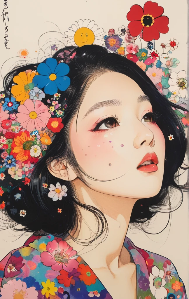 Takashi Murakami style、The most beautiful girl of all time、Lips in Love、Colorful flowers、Simple line initials、Abstract art、Urban Background,