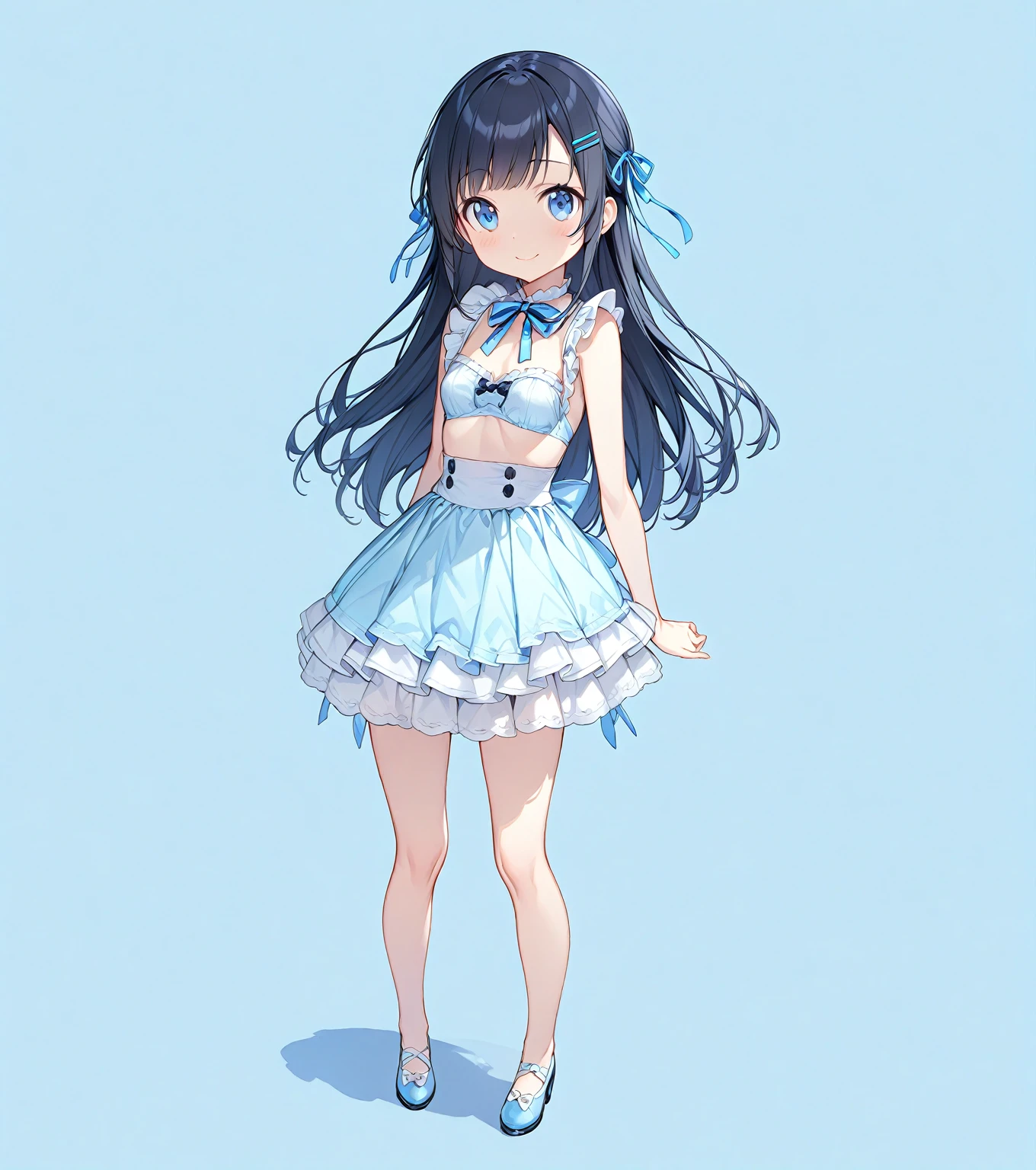 (Full Body Shot:1.6), (Standing), 
(Masterpiece 1.3), (Highest quality), (High resolution), (Very detailed), (Best illustrations), Best Shadow, (so beautiful:0.9), (very cute), 

(AyaseAragaki),  girl, 
Black Hair, Long Hair, amount, Hair Clip, Blue eyes, 
smile, Shyness, Pitiful, 
Small breasts, Round Breasts, Iris, round face, Beautiful lip detail, 

Perfect limbs, Perfect Anatomy, Thin legs, Five perfect fingers, Big eyes, Iris, (slender), Tight waist, 
Delicate and smooth skin, Beautiful Skin, Textured skin, Attractive body, 
smile, 恥ずかしそうなsmile, 

Erotic, 
White maid outfit, Short skirt, ribbon, 
Blue striped underwear, White frilly underwear, 小さいribbonが付いてる下着,

(Light blue background:2.2), (Light blue studio), 

Bright colors, Delicate fabrics, Attention to detail, Beautiful consideration, 
(from the front),