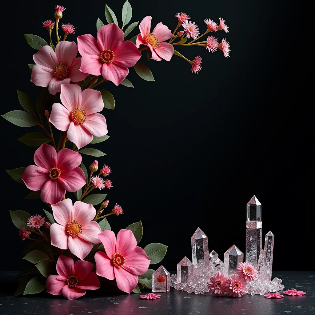 "Design a rich, black textured background with a refined, luxurious feel. Arrange vibrant pink and white bouquet like flowers in the upper left corner and pair them with matching leaves and glimmering crystals in the bottom right corner. The lighting should be soft yet impactful, enhancing the realism and contrast, creating an exquisite setting for jewelry display."