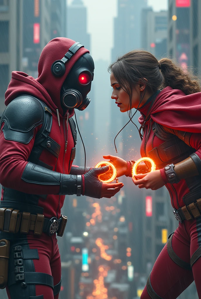 Young Star-lord with red hoodie, headphones, star-lord helmet, gas helmet, covered mouth, round red eyes, Red eyes, magic rings in the hands and rocket boots vs, Lady deadpol, Fighting, power, fiction, full body, magic lasso, hog, fall, fire in boots, poweful spells, realistic, helmet, mask, red cape, confrontation, punch, gun, flying in the sky, view of the city from above, rain, fighting, Black gloves, ocean floor, face cover, free hair, front cover