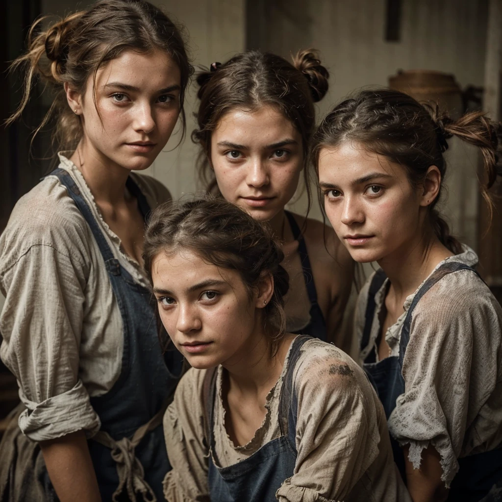 
19 century serf girls of forced labor18- 22 y.o. from the workhouse, hard labor in the manufactory, beautiful but sad with exhausted faces, tired in tattered canvas shirts, barefoot, hair in a bun or a horse tail, unwashed tangled hair, sweat streaming down tanned and dirty faces, shirts sticking to the body from sweat, a lot details hyperrealism