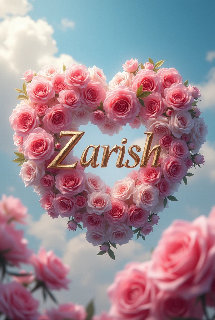 Zarish name surrounded by roses flowers sky