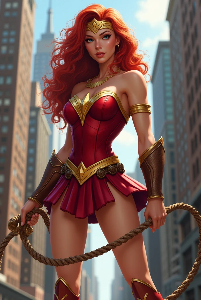 Super hero, woman, red long curly hair, strapless with golden border, red short skirt loose, golden belt, broown boot, brown rope in the hand like a weapon, place: new york, tiara golden