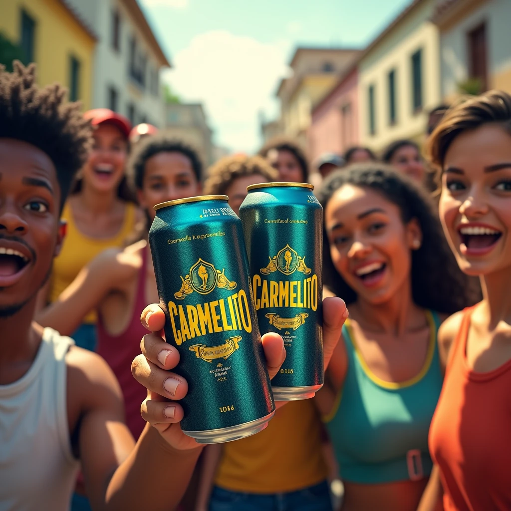 Create a vibrant image of a long neck beer with the &#39;CARMELITO&#39; brand. The can should be navy blue-green with yellow details.. The image must include:Long Neck Beer: Highlight the long neck beer with the &#39;CARMELITO&#39; brand, emphasizing its greenish navy blue color and yellow details.Scenario: A typical street scene in Bahia, with a sound car visible in the background. The sound car should be detailed and look like part of a festive environment..people: Show a group of diverse people dancing and holding long neck beer. People should include black people, white, fat and thin. There doesn&#39;t need to be many people, but the group must appear excited and engaged in the party.enviroment: The setting should reflect a joyful and festive atmosphere typical of the streets of Bahia, with elements that convey the liveliness of the event.