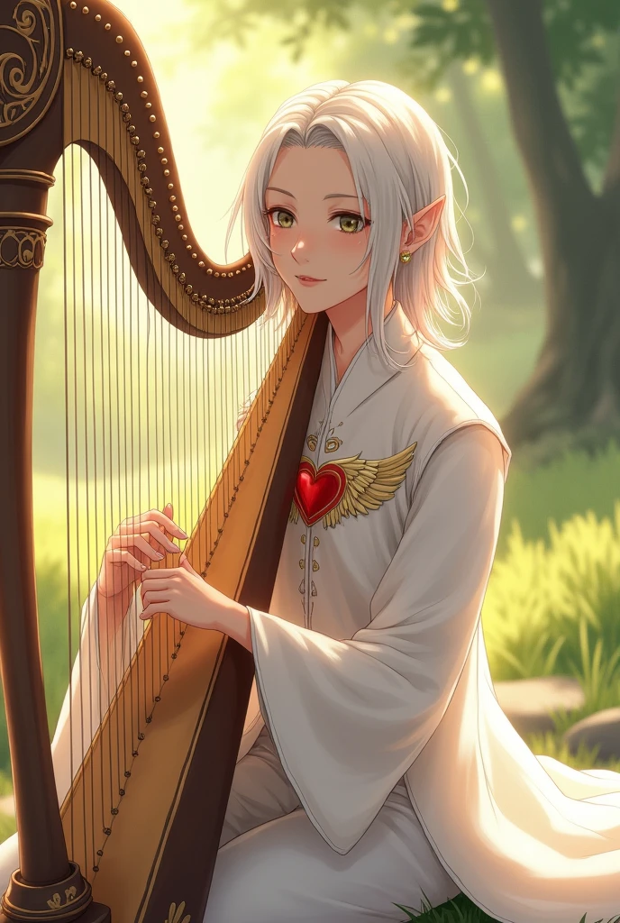 a young half-elf man with delicate features and shoulder-length fair hair wearing white robes with a winged red heart symbol on his chest, playing the harp anime style
