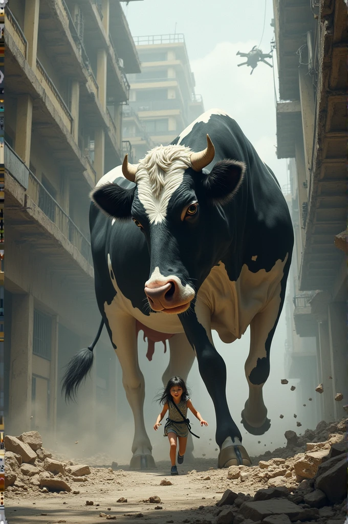 A building is falling on the girl and white and black colour huge cow rescue the girl