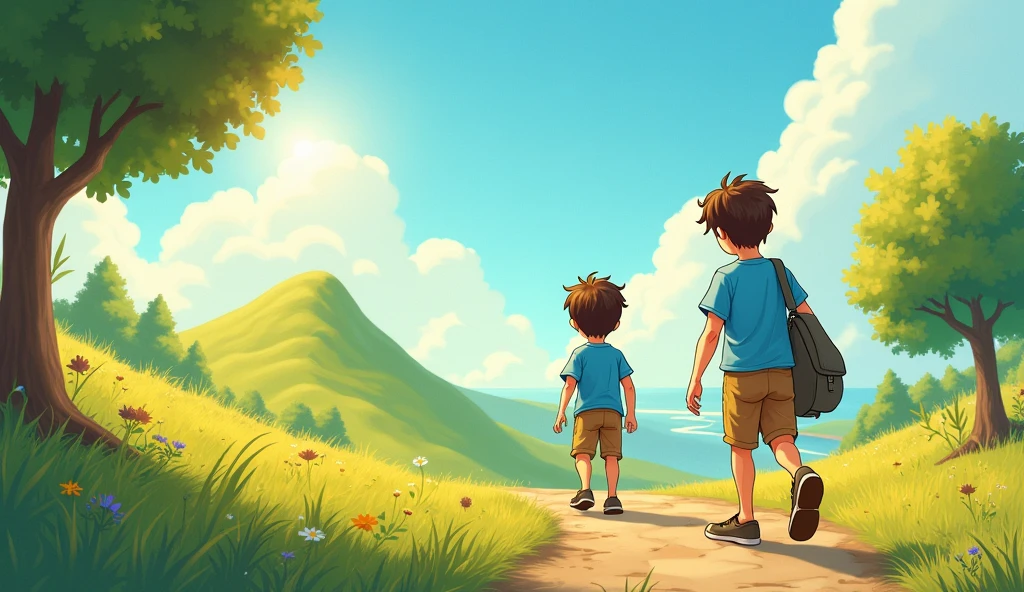 It was a sunny morning when Lucas, a child in a blue t-shirt and brown Bermuda shorts, an eight-year-old boy with a big imagination, He decided to go out and explore the hill that was near his house.