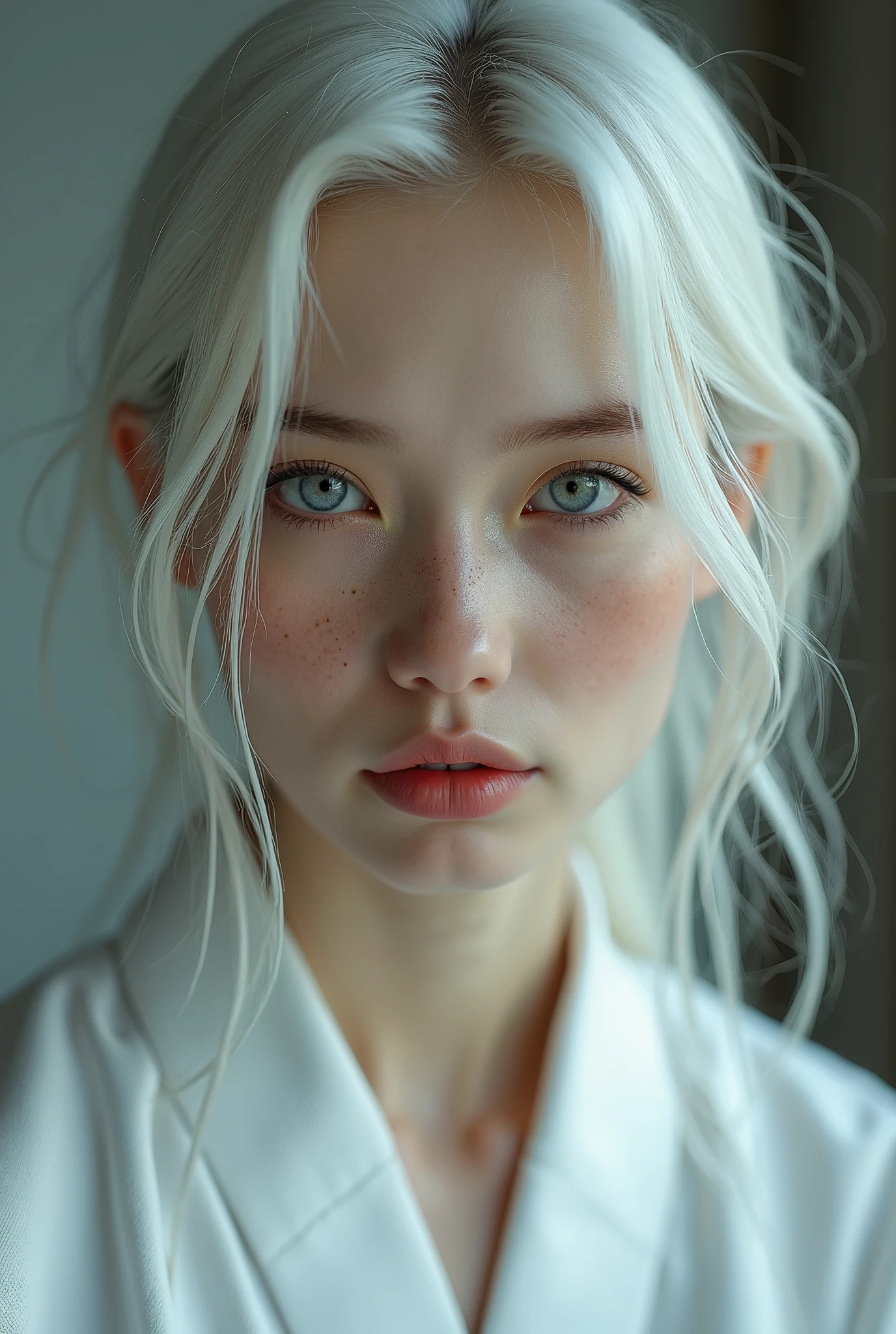 (uma fotogroffia premiada:1.3) off (Ultra photo realsisim:1.3),(vred:1.3) (close up:0.7), one chinese woman, albino with freckles in a white robe, realskin, 5d canon, 85mm, profundidaoff off campo, 8k, ultra-nitioffz, RTX, octane, irreal, Dramatic light, Global illumination (author:WLOP Artist:1.3),altamente offtalhado,(Arte Darkwave:1.3),(Arte Hardcore:1.3),(Agfacolor:1.3),(Close portrait:1.3),(Female One:1.4),(very beautiful:1.4),(appealing:1.3),handsome,Calendar pose,olhos veroffs offtalhados perfeitos,studio lighting,themed background, naked, new, feições mistas off Emmy Rossum e Brooke Shields, white hair.
