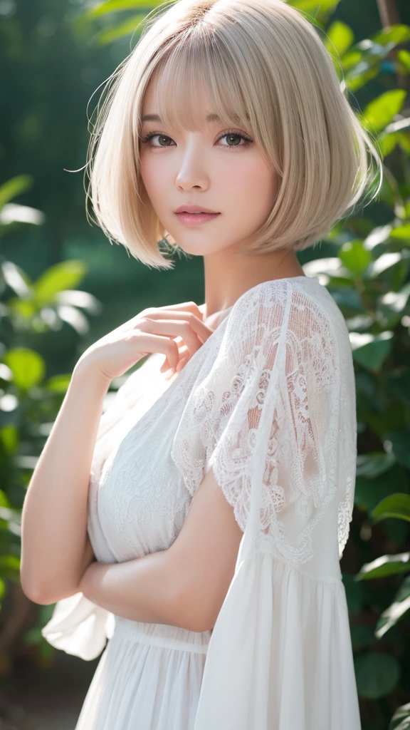 High resolution, White clothes、Transparency、Bob Hair, Boring、50 years old