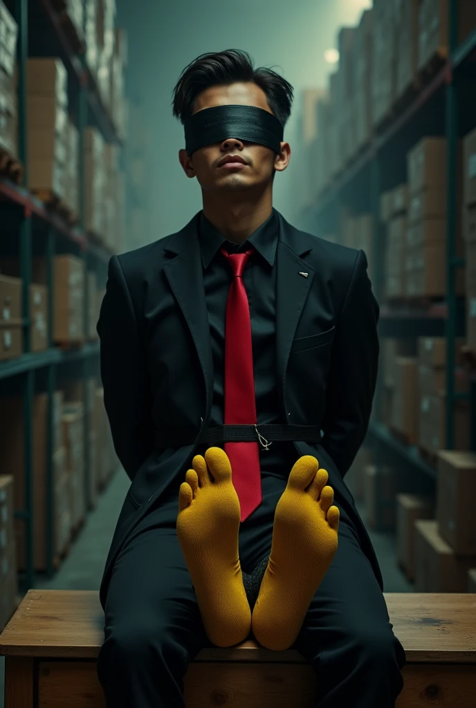 Malaysia malay handsome 23 years celebrity
His hand tied up behind with rope in warehouse 
Blindfolded
Black Suit and Red tie
feet on desk
5 toes each feet 
Yellow smelly sock
He's  feet ticklish
Two mafia pinch thier nose