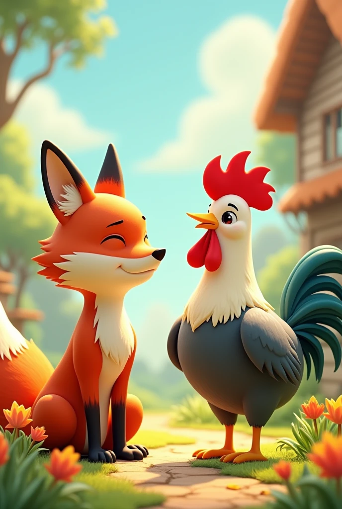 Animated image of a fox talking to a rooster and it has both eyes closed. The rooster has its eye open