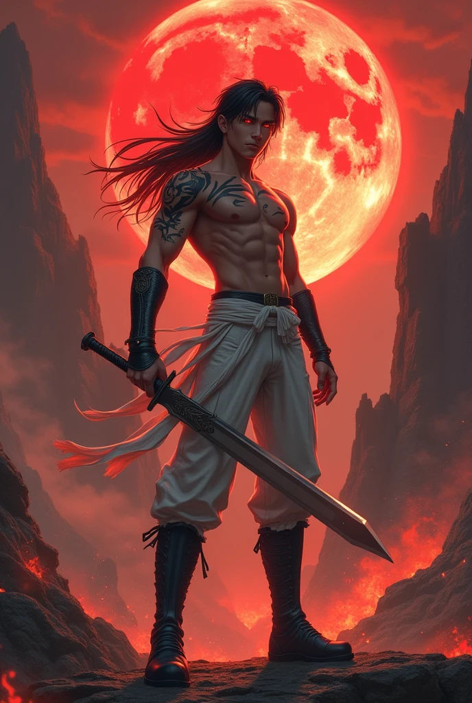 Background of fire surrounding mountains and red sky with a giant blood moon Front Young white man in his 20s Muscular defined face without beard Bright red eyes Long straight black hair flying in the wind White leather pants No shirt Black steel boots that extend to the knee Holding Black steel sword with handle wrapped in white ribbon Black steel bracer Black tiger marks on the body and face