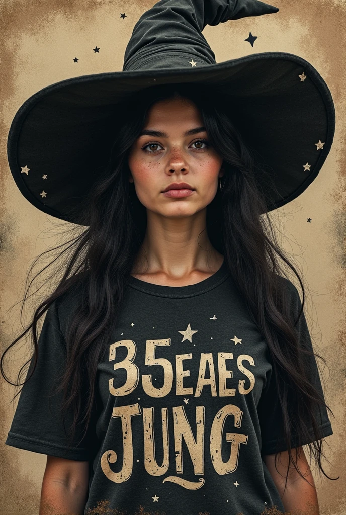 One woman 25 years witch, clothing tshirt writing "Jung" on stamp