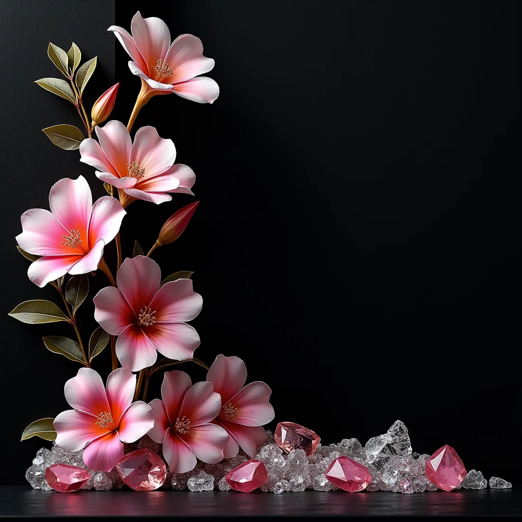 "Design a rich, black textured background with a refined, luxurious feel. Arrange vibrant pink and white bouquet like flowers in the upper left corner and pair them with matching leaves and glimmering crystals in the bottom right corner. The lighting should be soft yet impactful, enhancing the realism and contrast, creating an exquisite setting for jewelry display."






