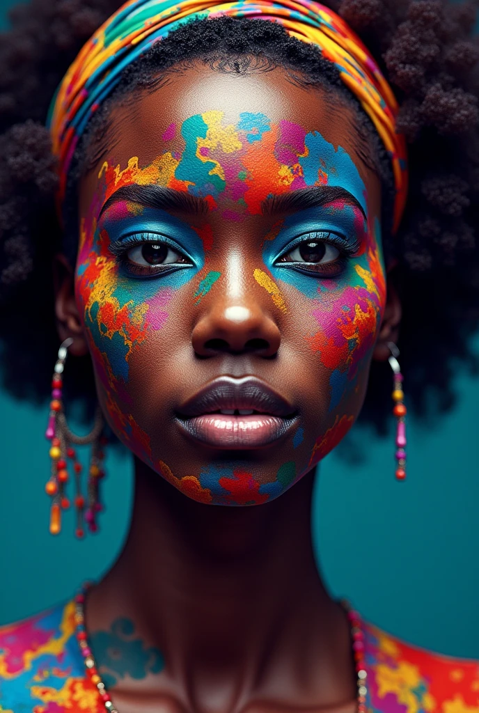 A black african womean with colors vibrats in each area of her face from her neck to her head

