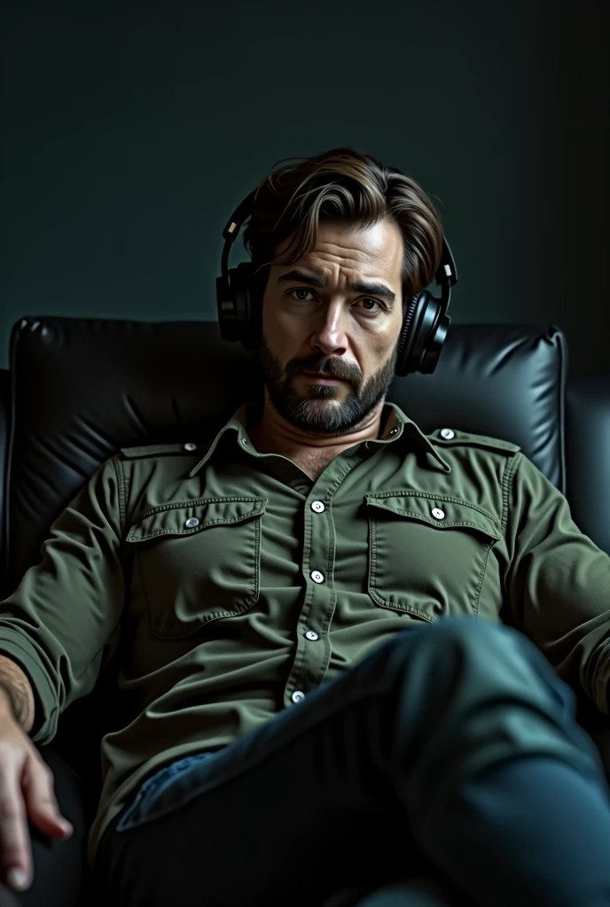 man sitting on his sofa, with a military green button-down shirt, with headphones, looking to the camera, in a room with dark tones