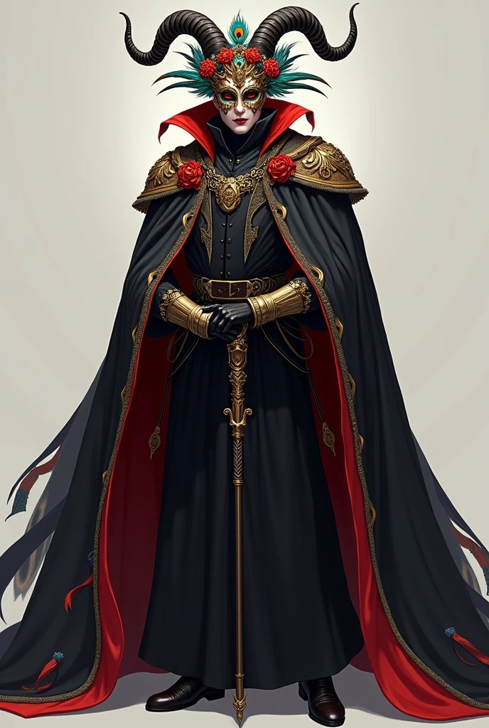 The foreman wears a mask decorated with peacock feathers., which gives it an imposing and majestic appearance. The mask is colorful, adorned with floral details around the face, and has horns that extend upwards, adding a scary and mystical touch.
on your shoulders, He wears a black cape with red inner edges and some colored ribbon details.. The cape flutters with its movement, providing dynamism and highlighting its presence.
Under the cloak, She wears a black dress that reaches to her knees. The dress is elegant and simple, allowing the cape and mask to be the most striking elements of your outfit.
To complete your look, The foreman holds a cane in her hand, which accentuates its central role in the dance and reinforces its authority.