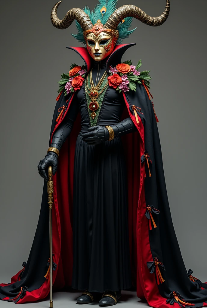 The foreman wears a mask decorated with peacock feathers., which gives it an imposing and majestic appearance. The mask is colorful, adorned with floral details around the face, and has horns that extend upwards, adding a scary and mystical touch.
on your shoulders, He wears a black cape with red inner edges and some colored ribbon details.. The cape flutters with its movement, providing dynamism and highlighting its presence.
Under the cloak, She wears a black dress that reaches to her knees. The dress is elegant and simple, allowing the cape and mask to be the most striking elements of your outfit.
To complete your look, The foreman holds a cane in her hand, which accentuates its central role in the dance and reinforces its authority.