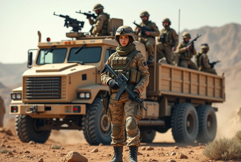 Alafed truck with gun on back, Afghan fighters, French special forces, heavily armed, , Kurdish soldiers, heavily armored, military vehicle, military weapons, military equipment, truck, camouflage, special forces security, modern military equipment, carrying rifle, gun mounted on shoulder, gun posing in front of truck A female soldier, ((masterpiece, highest quality, Highest image quality, High resolution, photorealistic, Raw photo, 8K)), ((Extremely detailed CG unified 8k wallpaper)), 