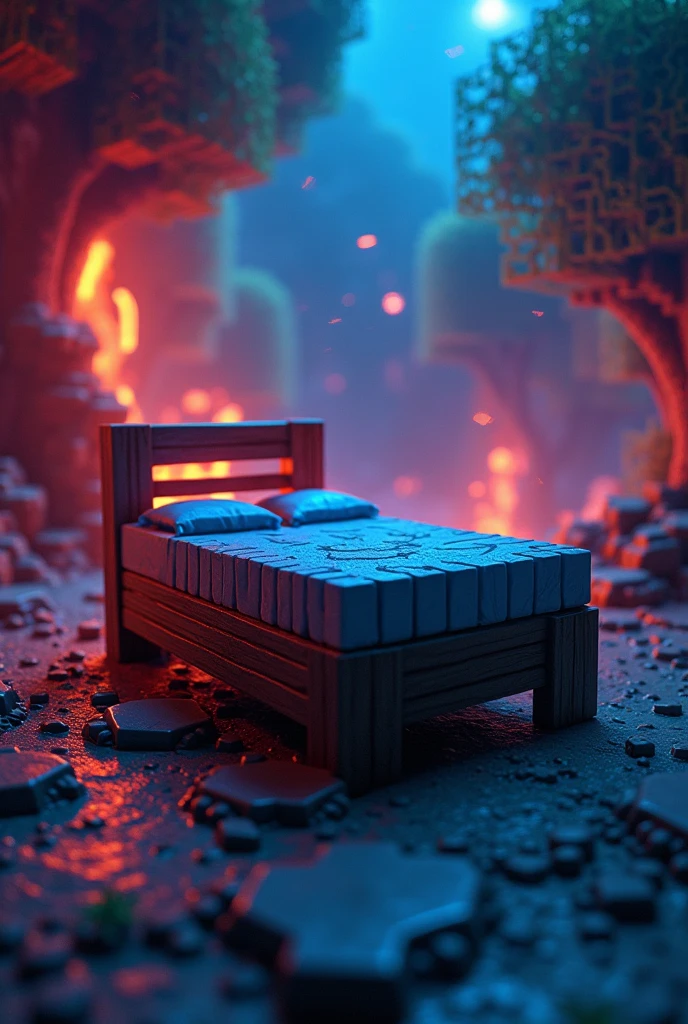 A horizontal thumbnail for my YouTube channel which is about Bedwars challenges that the AI gives me for 15 days, highlights a Minecraft bed and a logo of some AI