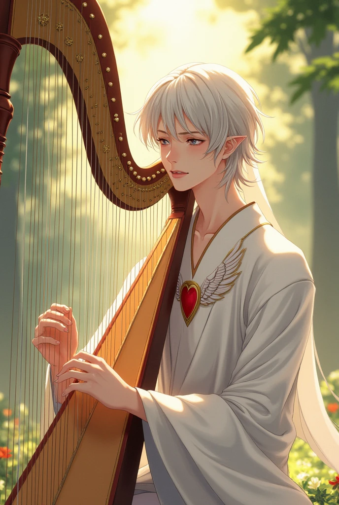 a young half-elf man with delicate features and shoulder-length fair hair wearing white robes with a winged red heart symbol on his chest, playing the harp anime style
