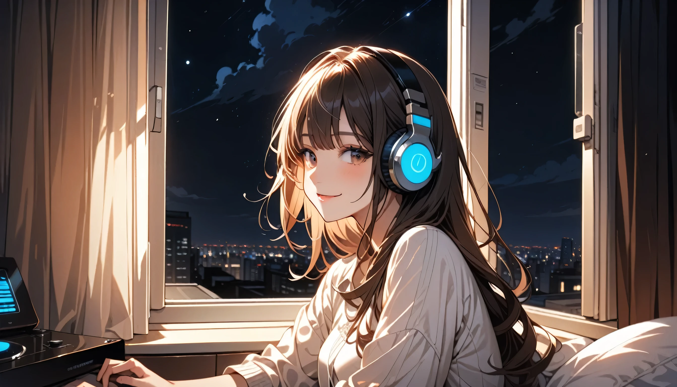 High resolution, masterpiece, Highest quality, Ultra high definition, One person, solo, Beautiful Face, , Looking out the window, Listening to music, Smiling, Closed Mouth, room, night
