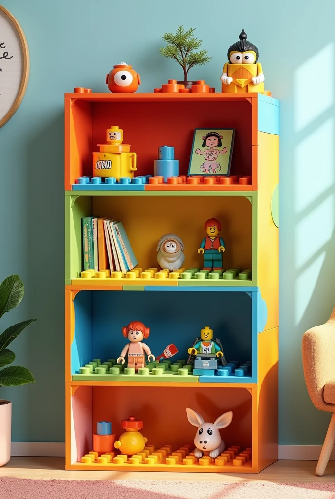 Make an innovative storage shelf for Legos that has smaller and creative compartments for a child between 4 and that is something innovative that does not exist