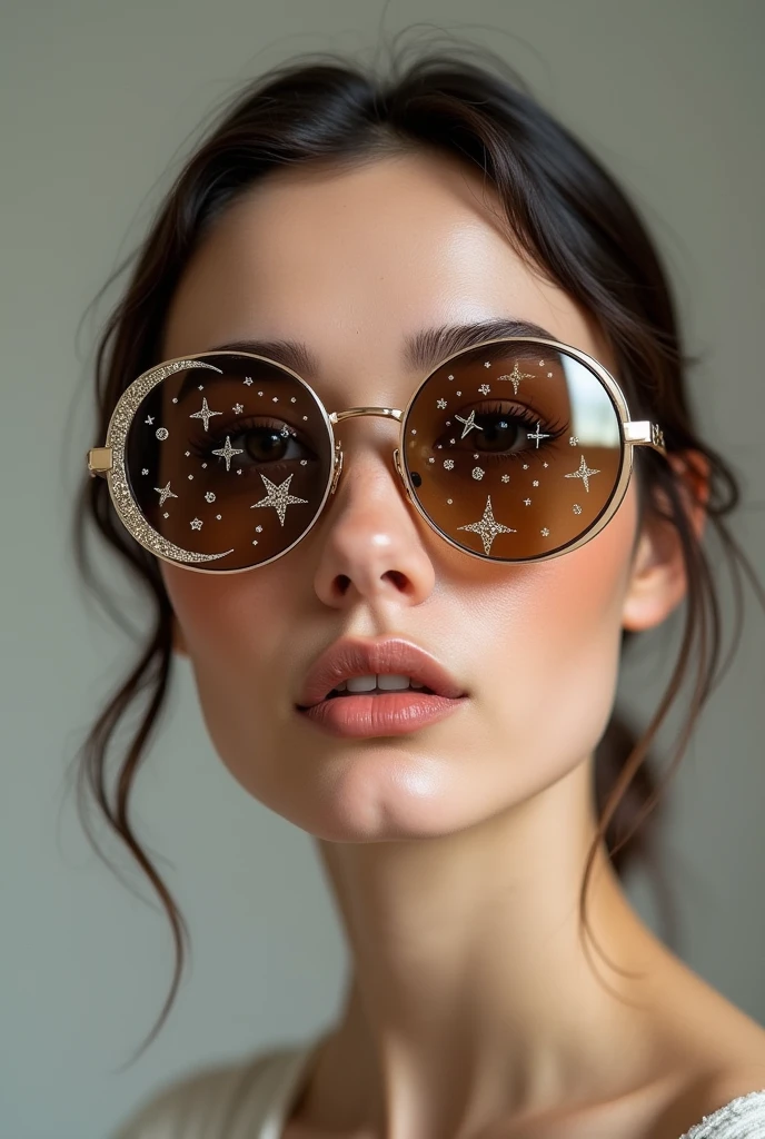 The model is wearing glass sunglasses with stars and the moon on the glass