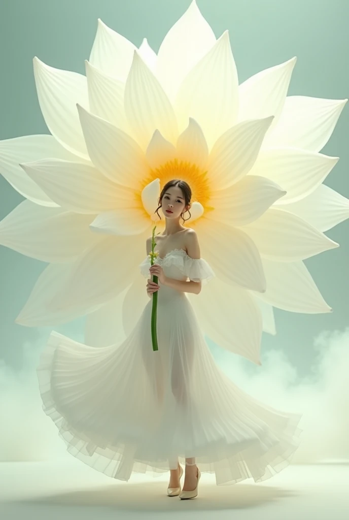 Light rainbow background of fog and legs,   minimalist, elegant, pure gentle, soft light, photorealistic. Giant White Lotus ,  with huge and long petals. (petal made of thin and soft tulle, flowing petals full background, floating petals, hyperflying petals, at the feet A mixture of rainbow smoke and fog effects from colored fog on the ground and petals). Extravagant, beautiful woman full length, nice legs,shoes,in a fast dance pose, (Ultra detailed face, hyperrealistic) позирую  Giant White Lotus , woman holding green stem in front of her, center of yellow bright rose in photo, woman looking at viewer, permission 8k, masterpiece, top quality, the skirt flutters strongly in the wind,